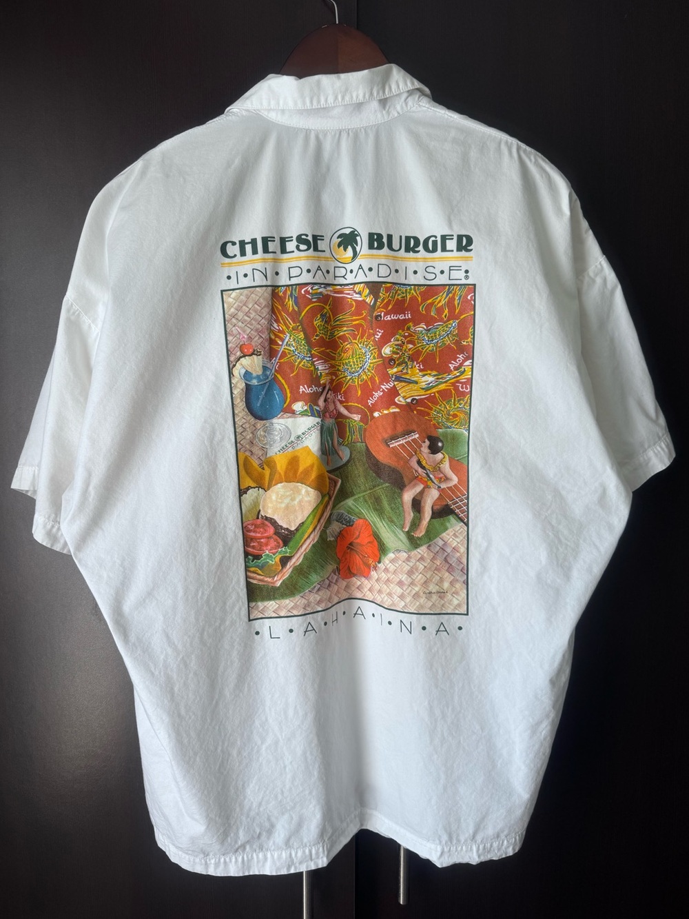 Vtg Cheeseburger in Paradise Embroidered Shirt L White Made In Hawaii Lahaina